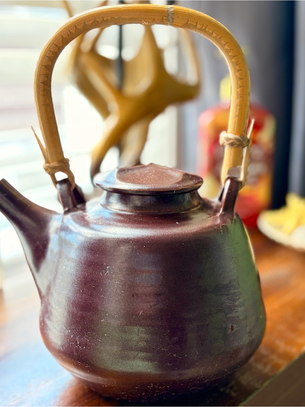 Vintage Pottery Ceramic Burgundy Oriental Teapot Kettle with Bamboo Handle - Picture 9 of 9